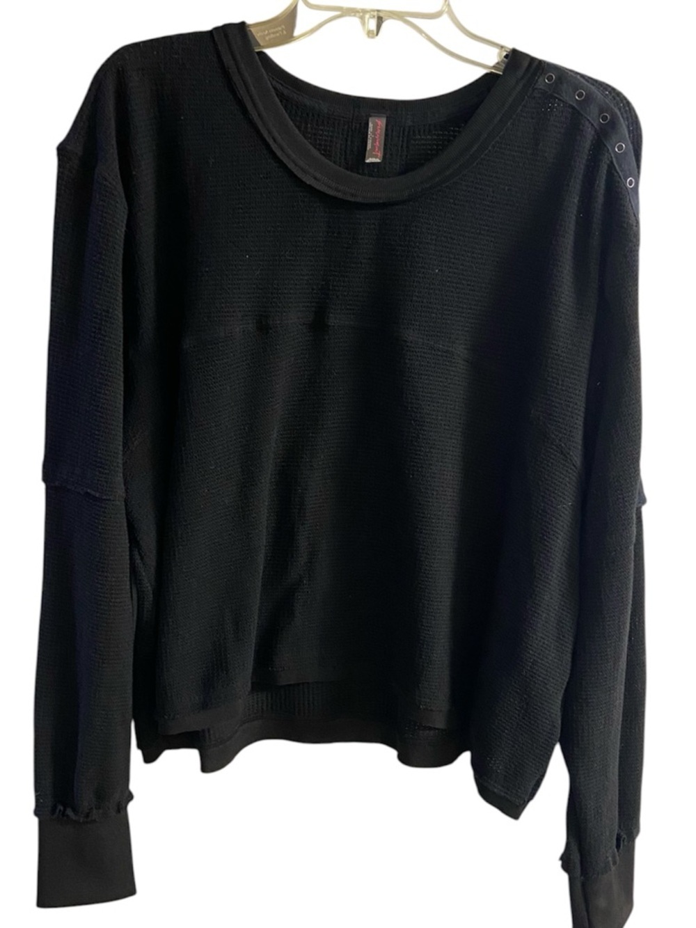 Free people movement Black Waffle-Knit Crewneck with Shoulder Snap Detail Large